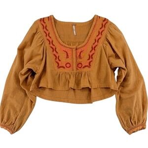 Free People Embroidered Boho Crop Top Mustard XS